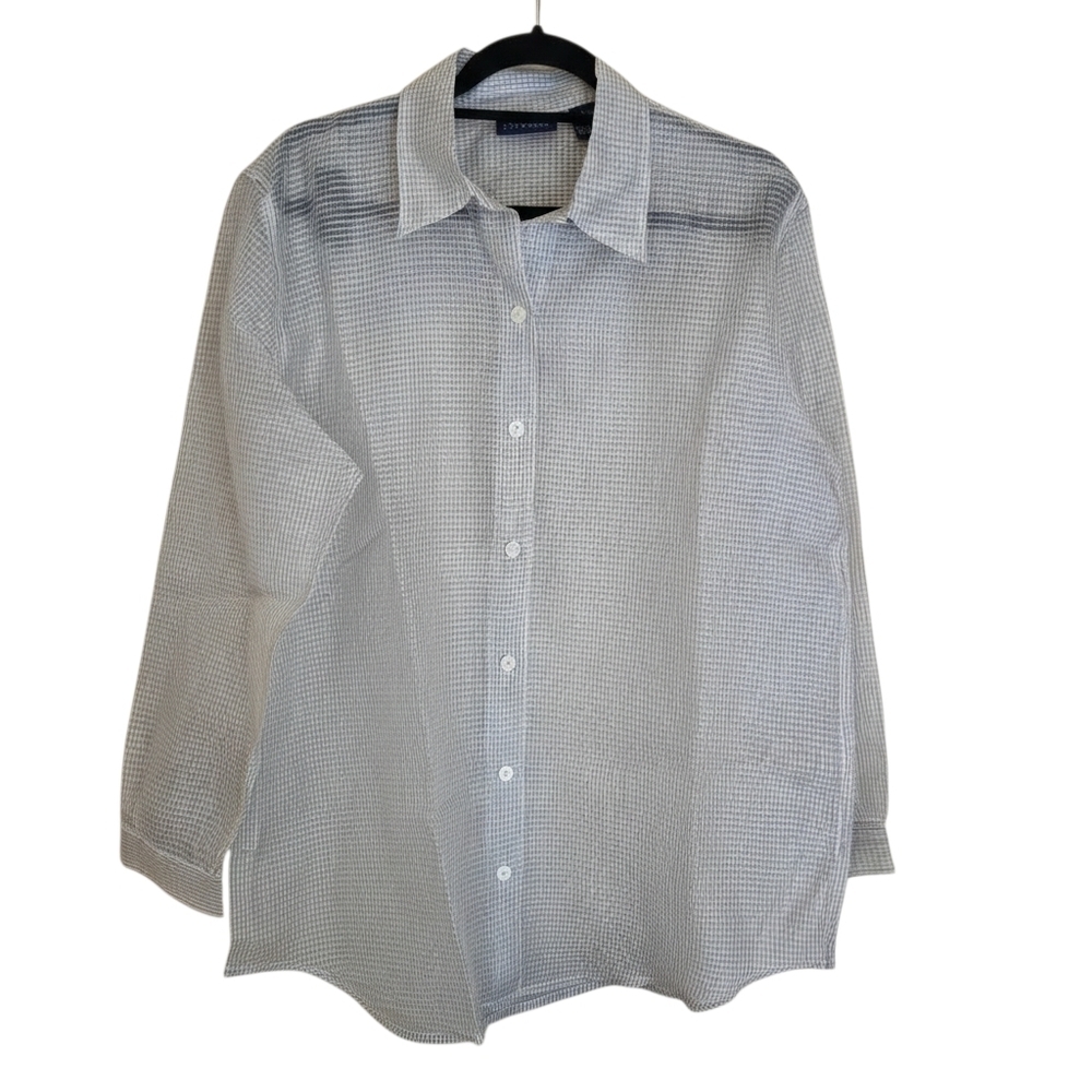 Liz Claiborne 100% Silk Button Down Shirt Grey White Plaid Full Sheer Top Large